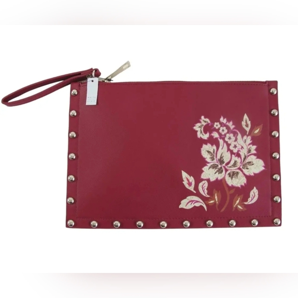 NEW White House Black Market Burgundy Floral Large Studded Clutch